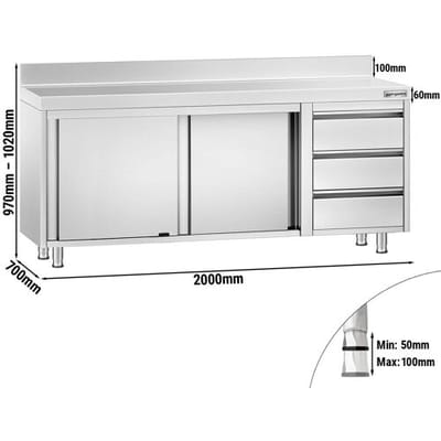 GGM Gastro Edelstahl Arbeitsschrank PREMIUM - 2000x700mm - mit 3 Schubladen rechts & Aufkantung Zilver