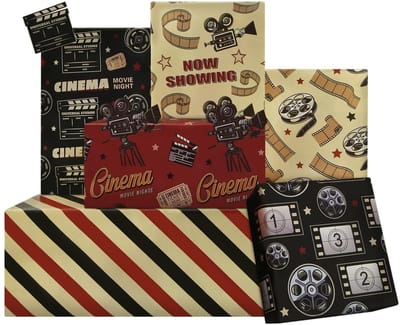 Dailygoods- Inpakpapier Set van 6 Vellen 50x70cm - Vintage Film Thema - Bioscoop/Film Reel - Cadeaupapier Verjaardag - Premium Kwaliteit - Unieke Ontwerpen