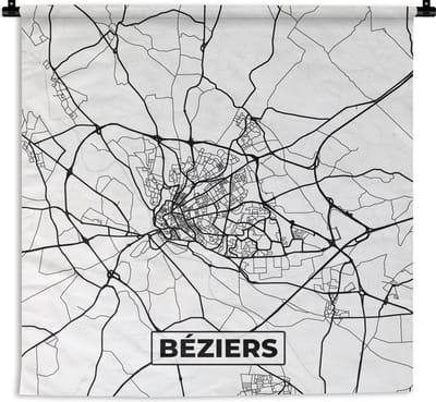 Wandkleed - Wanddoek - Frankrijk - Béziers - Plattegrond - Stadskaart - Kaart - Zwart wit - 180x180 cm - Wandtapijt