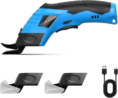 Draadloze elektrische kartonsnijder - Oplaadbare elektrische schaar met 2 reservemesjes, geschikt voor het snijden van stoffen, tapijten, leer, papier en planten. Blauwzwart.