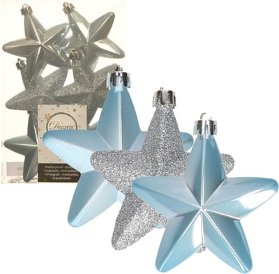 Decoris kersthanger sterren - 6x st - lichtblauw - 7 cm - kunststof - kerstornamenten - kerstversiering
