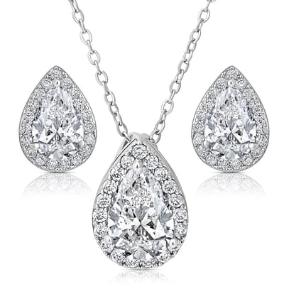 Juwelium Sieradenset + Sieradendoos Geschenkset | Luxe Druppel Ketting en Oorbellen Crystal White met Zirkonia | Perfect Cadeau voor Vrouw, Vriendin, Moeder, Dochter