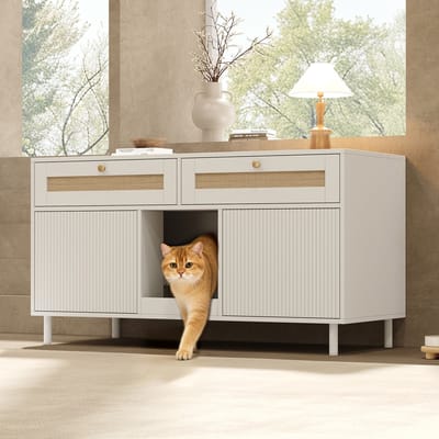OKWISH Kattenbakmeubel – Dubbele Deuren En Opvangmat – Dressoir Voor Woonkamer Of Hal – MDF Wit – 120×50×65 Cm