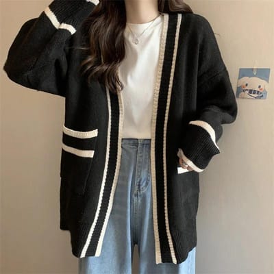 Gebreide Cardigan met Streepjesrand Varsity Cardigan Lange Mouwen V-Hals Open Voorkant Truien Gebreide Jas voor Dames Preppy Stijl One Size zwart