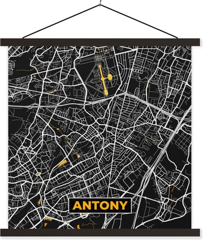 Posterhanger incl. Poster 60x60 cm - Schoolplaat - Plattegrond - Antony - Stadskaart - Frankrijk - Kaart - Textielposter - Zwarte latten - Stadskaart