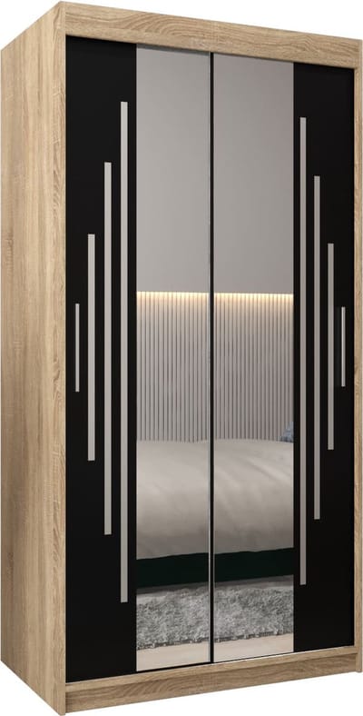 InspireMe - Kledingkast met 2 schuifdeuren, Modern-stijl, Een kledingkast met planken en een spiegel (BxHxD): 100x200x62 - MALTESE I 100 Sonoma Eik + Zwart Mat