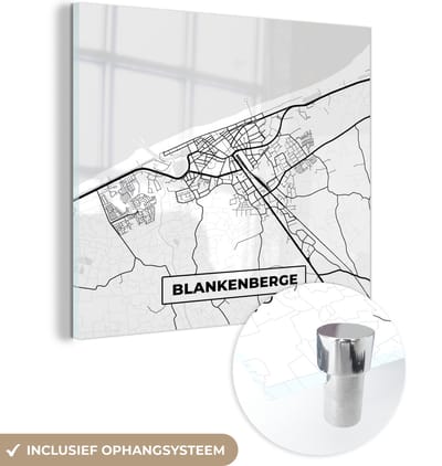 MuchoWow® Glasschilderij 90x90 cm - Schilderij acrylglas - Stadskaart – Plattegrond – België – Zwart Wit – Blankenberge – Kaart - Foto op glas - Schilderijen