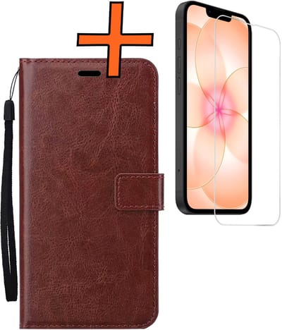 Hoes - Met Screenprotector - Geschikt voor Apple iPhone 17e - Luxe Pasjeshouder - Bookcase Portemonee - Flip Case - Kunstleer Book Case - Flipcase - Book Cover - Walletcase - PortemonneeHoes - Bruin