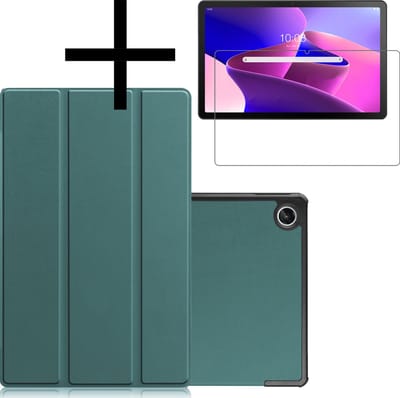 Hoes - Geschikt voor Lenovo Tab M10 Plus (3e / 3rd Generatie) - Met Screenprotector - Trifold Bookcase - Hard Cover - Hardcover Book Case - Tablet Hoesje - Donkergroen