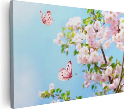 Artaza Canvas Schilderij Bloesem Met Vlinders - 30x20 cm - Klein - Wanddecoratie Woonkamer - Muurdecoratie Bloemen - Kamer Accessoires