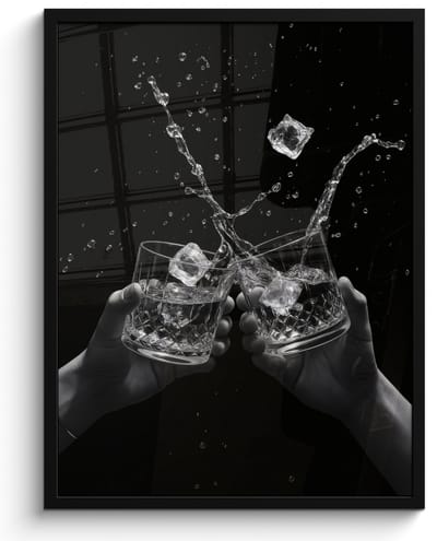 Poster in lijst - Fotolijst 50x70 cm - Posters - Whiskyglazen - Ijs - Spetters - Zwart - Posterlijst zwart - Decoratie - Wanddecoratie woonkamer - Muurdecoratie slaapkamer