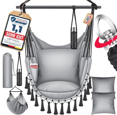 XL Hangstoel met Kussens en Bekerhouders - Voor Binnen en Buiten - Hangmat tot 150 kg - Grijs