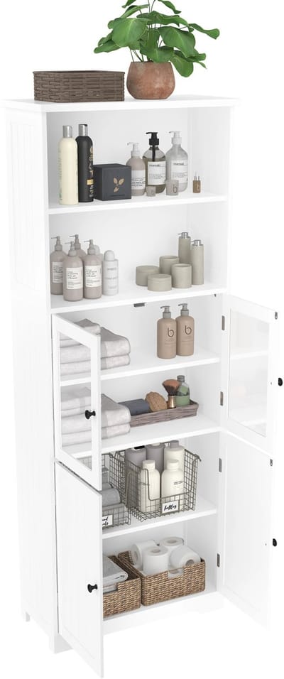 Linkforu - Keukenkast – Buffetkast – Eetkamerkast - Badkamerkast - Opbergruimte - Glazen deur – Hout - 57,4 x 28,5 x 160 cm - Wit