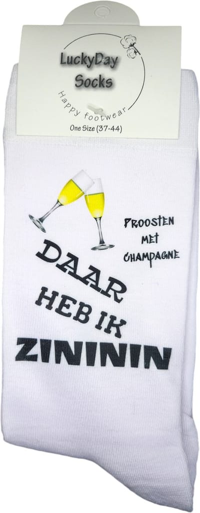 Zininin - Champagne Sokken - Alcohol wedstrijd - Verjaardags cadeau vrouw en man - vrolijke sokken - Valentijns cadeau - Witte sokken met tekst - grappige sokken - leuke dames en heren sokken - Sokken waar je vrolijk van wordt - maat 37-44