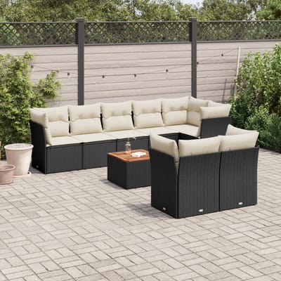 vidaXL - 9-delige - Loungeset - met - kussens - poly - rattan - zwart