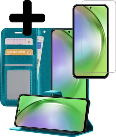 Hoesje - Met Screenprotector - Geschikt voor Samsung Galaxy A54 - Luxe Pasjeshouder - Bookcase Portemonee - Flip Case - Kunstleer Book Case - Flipcase - Book Cover - Walletcase - Portemonneehoes - Telefoonhoesjes - Turquoise