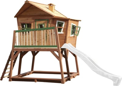 AXI Max Speelhuis in Bruin/Groen - Met Verdieping, Zandbak en Witte Glijbaan - Speelhuisje voor de tuin / buiten - FSC hout - Speeltoestel voor kinderen