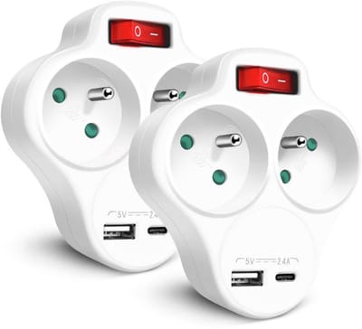 Thuys – Stekkeradapter Biplite – Met Frontschakelaar – 2 Stopcontacten 16A – 1x USB & 1x USB-C – 5V 2,4A – Wit – 2 Stuks