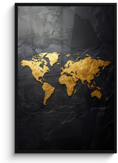Poster in lijst - Fotolijst 80x120 cm - Posters - Wereldkaart - Goud - Steen - Posterlijst zwart - Decoratie - Wanddecoratie woonkamer - Muurdecoratie slaapkamer