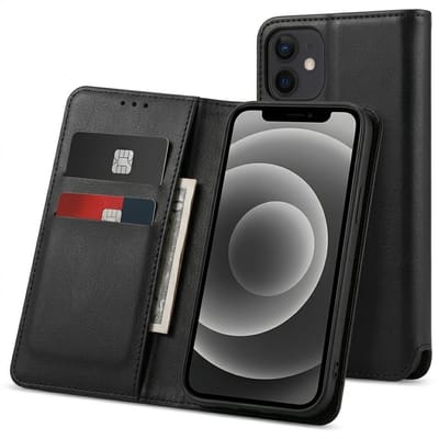Zwart kunstleer wallet case telefoon hoesje geschikt voor iPhone 12 mini dames en heren met magneetsluiting en flip cover