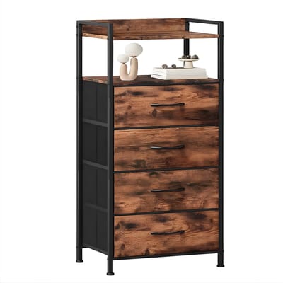 Nachtkastje met 4 Opbergladen - Voor Slaapkamer & Woonkamer - Bijzettafeltje met Open Plank - Stof, Multifunctioneel - Bruin