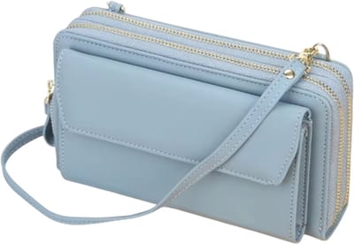 Dames Lange Portemonnee Crossbody Tas - Grote Capaciteit Clutch met Dubbele Rits, Schoudertas voor Mobiele Telefoon en Kaarten - Blauw