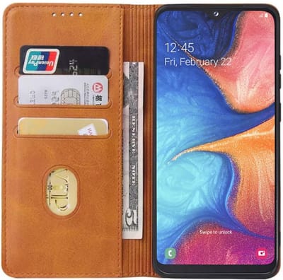 Smartphonica Samsung Galaxy A20E leren hoesje met magnetische sluiting en pashouders – Bruin geschikt voor Samsung Galaxy A20e