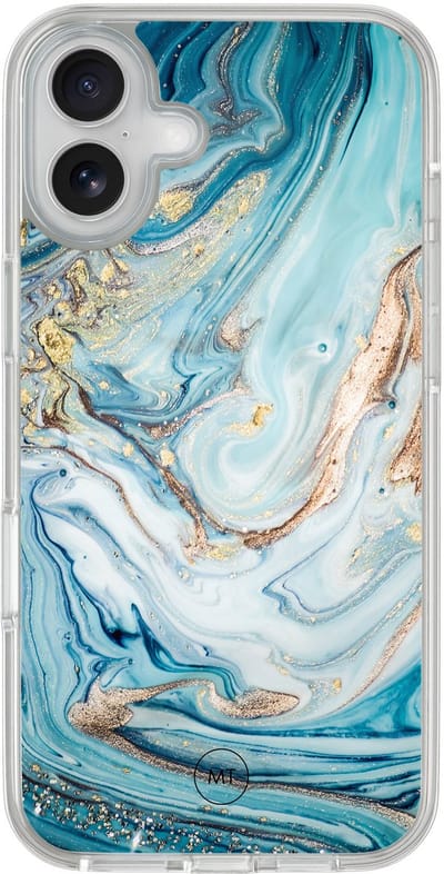 Hybride hoesje geschikt voor iPhone 16 - Marmer blauw goud - Extra bescherming - Luxe beschermhoes - TPU case - Transparant, Blauw, Goud - Mooie Telefoonhoesjes