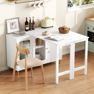 DESMIU Dressoir Met Uitklapbaar Werkblad En Schuifdeuren Van Gehard Glas Voor Eetkamer En Keuken Wit MDF 116x40x78,5 Cm
