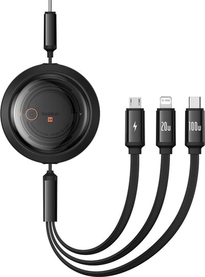 Baseus Free2Draw CB000084 intrekbare USB-C - Lightning / USB-C / micro-USB-kabel 100W 1,1m - zwart