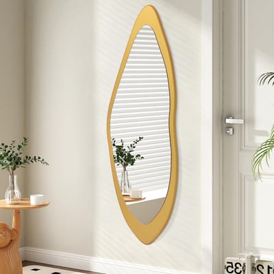 Grote Irreguliere Volledige Spiegel met Houten Frame voor Slaapkamer, Woonkamer en Entree 120 x 40 cm, Decoratieve Wandspiegel, Asymmetrisch Ontwerp