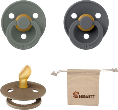 Bibs Dental fopspenen Anatomical 0-6 maanden- Set 3 stuks- Dark Oak, Iron, Pine + Monkiezz speenzakje - orthodontisch- Anatomisch- Maat 1