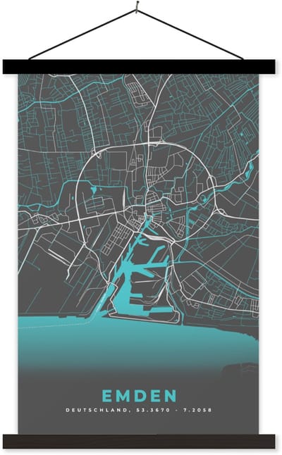 Posterhanger incl. Poster 60x90 cm - Schoolplaat - Plattegrond – Emden – Blauw – Stadskaart – Kaart - Duitsland - Textielposter - Zwarte latten - Stadskaart