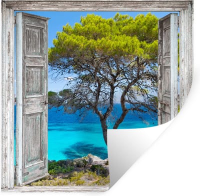 Muurstickers - Sticker Folie - Boom - Tropisch - Zee - Doorkijk - Strand - 100x100 cm - Plakfolie - Muurstickers Kinderkamer - Zelfklevend Behang XXL - Zelfklevend behangpapier - Stickerfolie