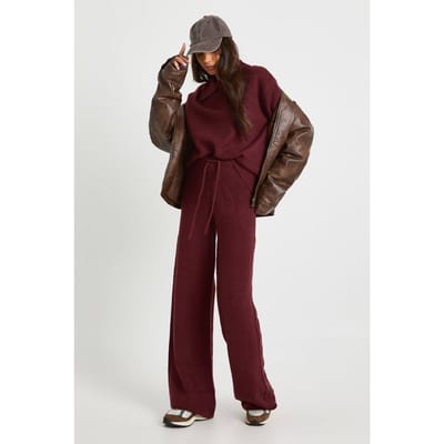 boohoo Dames Lange superzachte ronde hals gebreide chunky cardigan en wijde pijp broek co-ord | Burgundy | Maat: Small