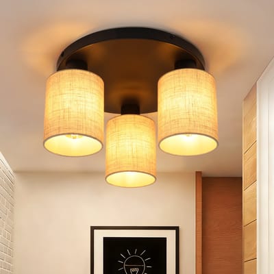 NETTLIFE Plafondlamp - E27 - 3-Lichts - Zwart - Rond - Stoffen kap - Boho Retro Rustiek - Keuken Eetkamer - Zonder lampenkap