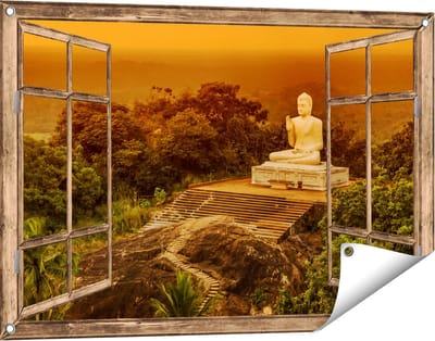Gards Tuinposter Doorkijk Boeddha Beeld bij een Tempel in het Bos - 90x60 cm - Tuindoek - Tuindecoratie - Wanddecoratie buiten - Tuinschilderij