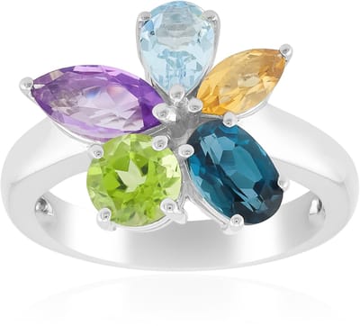 Cavill - Bloemenring 925 Sterling Zilver - Braziliaanse Amethist Marquise 0,42 ct - Citrien, Topaas & Peridoot - Elegante Unieke Damesring