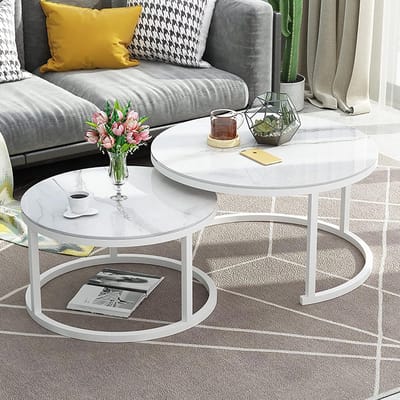 Set van 2 Ronde Stapelbare Bijzettafels met Marmerlook Glas en Zwart/Wit Metalen Frame