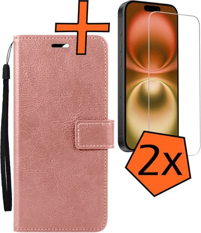 Hoes - Met 2x Screenprotector - Geschikt voor Apple iPhone 16 - Luxe Pasjeshouder - Bookcase Portemonee - Flip Case - Kunstleer Book Case - Flipcase Hoes - Book Cover - Walletcase - PortemonneeHoes - Rosé goud