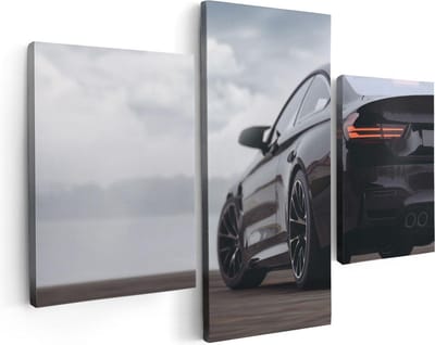 Artaza Canvas Schilderij Drieluik Zwarte Sportwagen Auto Van Achter - 90x60 - Foto Op Canvas - Canvas Print