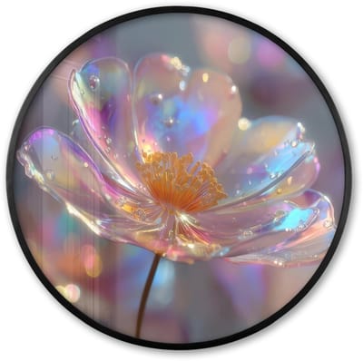 Poster in lijst Rond - Fotolijst 60x60 cm - Posters - Bloem - Transparant - Pastelkleuren - Druppels - Ronde posterlijst zwart - Decoratie - Wanddecoratie woonkamer - Muurdecoratie slaapkamer