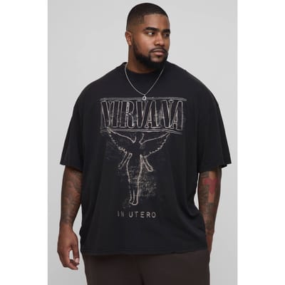 Plus Oversized Nirvana License Acid Wash Print T-Shirt | Acid Wash Black | Size 2XL