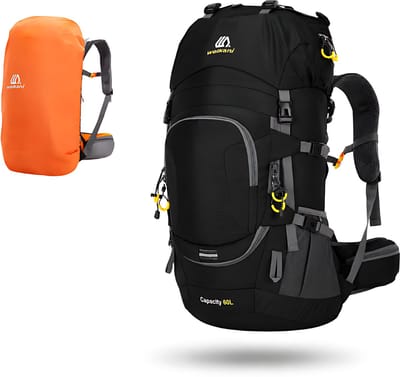 CarryQuest® 60L Wandelrugzak - Waterbestendige Trekking Backpack met Regenhoes, Mesh Rugpanelen & Heupband - Zwart