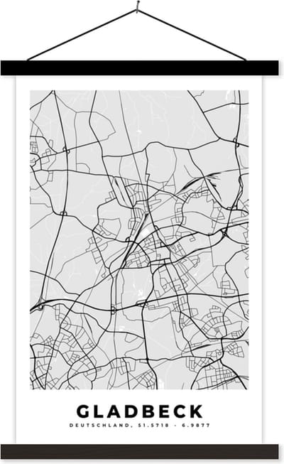 Posterhanger incl. Poster 40x60 cm - Schoolplaat - Plattegrond - Duitsland - Gladbeck - Stadskaart - Kaart - Textielposter - Zwarte latten - Stadskaart