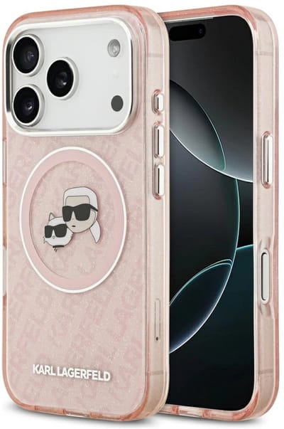 Karl Lagerfeld telefoonhoesje voor iPhone 17 Pro Max - IML Glitter - Karl & Choupette Heads Logo - Magsafe - Roze