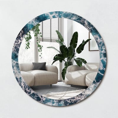 Wallfluent Bedrukte Ronde Spiegel - Ronde Wandspiegel Met Print Stormachtige Zee - 100 cm / 86 cm - Blauw - Blauw Ronde Wandspiegel Decoratieve Print - Slaapkamerspiegel - Badkamerspiegel - Gang - Kleedkamer - Ronde vorm