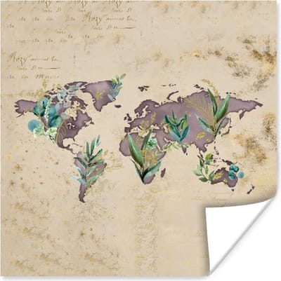 Poster 30x30 cm - Wereldkaart - Vintage - Goud - Posters - Kamer decoratie - Wanddecoratie woonkamer - Muurdecoratie slaapkamer