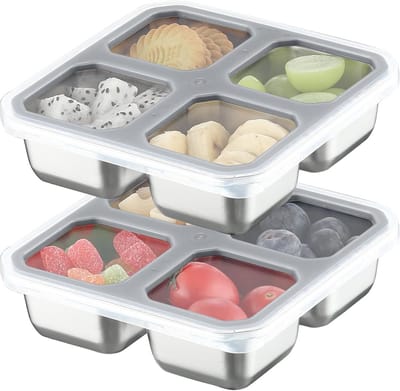 Famanu – Snackcontainers met 4 compartimenten - herbruikbare voedselcontainers - compacte bento lunchbox voor kinderen en volwassenen - geschikt voor school - werk en reizen - grijs (2 stuks)