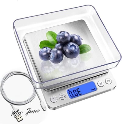 Mrs. Jones Digitale keukenweegschalen - USB oplaadbaar - 3 kg/01 g - mini-voedselweegschalen - elektrische kookweegschalen - waterdichte digitale schaal - USB oplaadbaar - LCD-scherm - roestvrij staal - voor ingrediënten - sieraden - koffie .